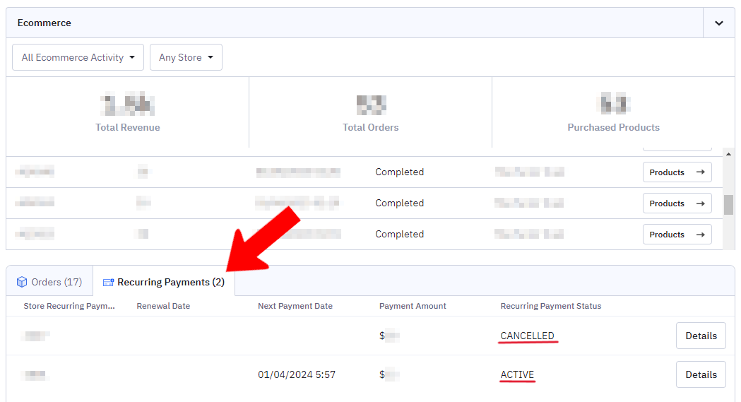 Recurring Payments tab in ActiveCampaign Contact Record
