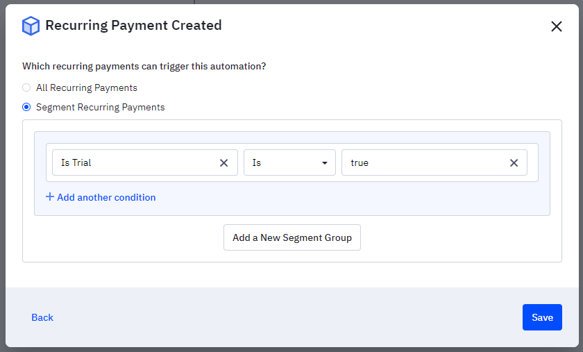 Recurring Payments trigger settings in ActiveCampaign Automations