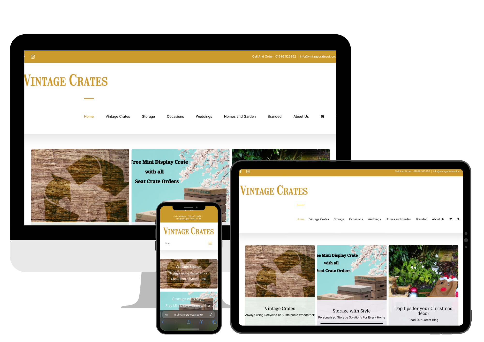 Screenshots of Vintage Crates website on desktop, mobile and laptop