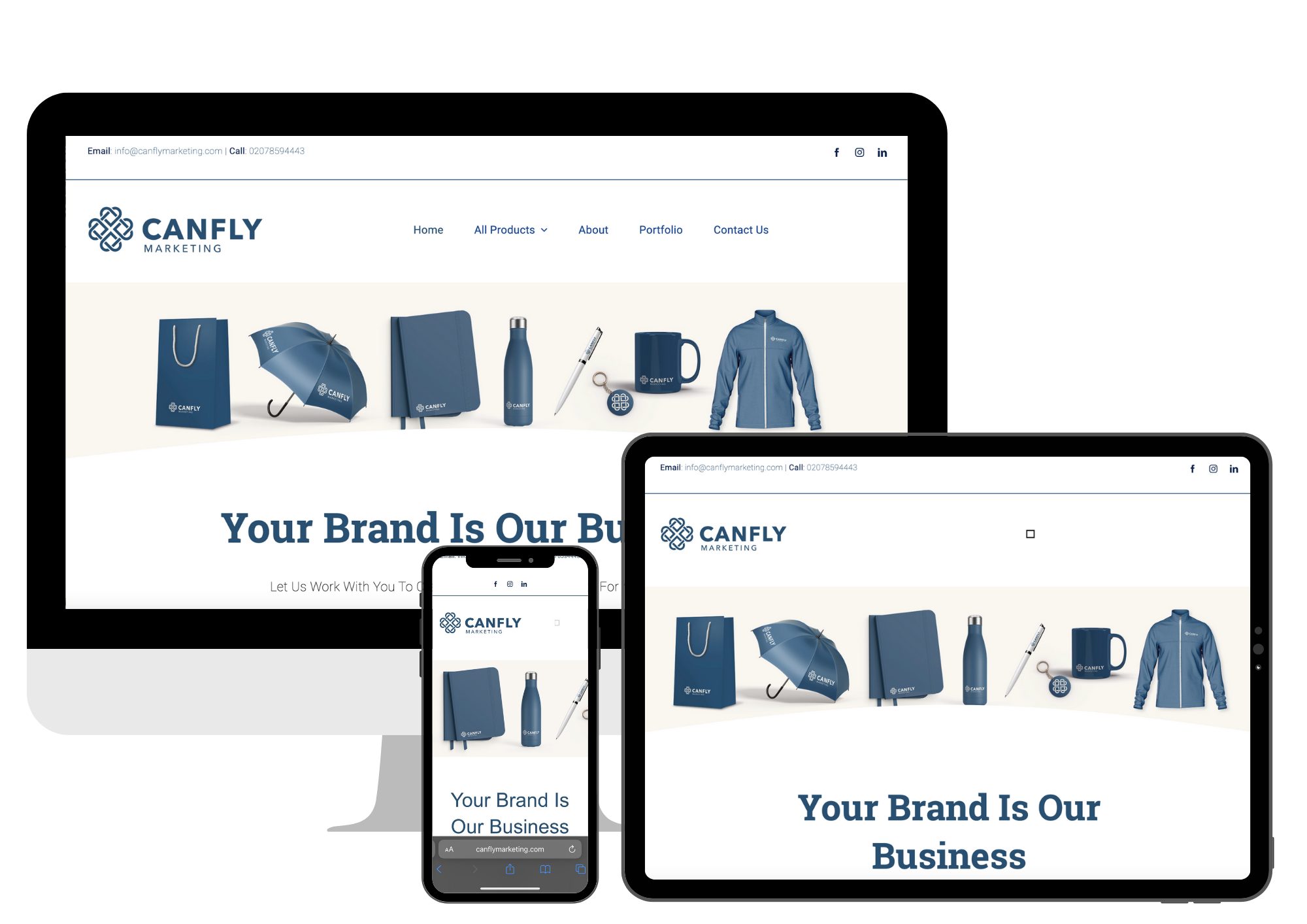 Screenshots of CANFLY Marketing website on desktop, mobile and laptop