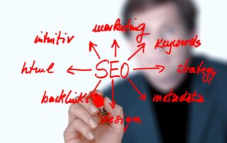 SEO graphic in red pen with blurred man in background